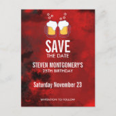 モダンな赤の抽象的な誕生日 Save The Date ポストカード (正面)