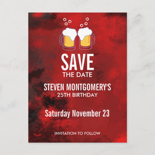 モダンな赤の抽象的な誕生日 Save The Date ポストカード (正面)