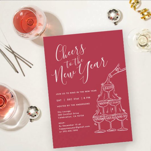 モダンな赤の新年パーティー 招待状