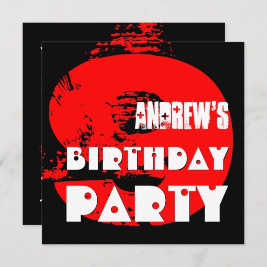 モダンな赤の第9誕生会9歳V11 招待状 (正面/裏面)