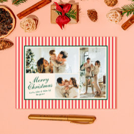 モダンな赤の縦ストライプのクリスマス3枚写真カード シーズンカード