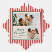 モダンな赤の縦ストライプ クリスマス2枚写真入り オーナメントカード (正面)