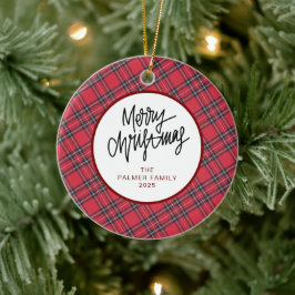 モダンな赤格子のクリスマス家族写真 セラミックオーナメント