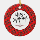 モダンな赤格子柄のクリスマス家族写真 セラミックオーナメント (正面)