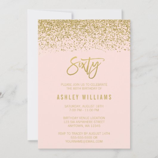 モダンな赤面のピンクのフェイクな金ゴールドのグリッターの第60誕生日 招待状 (正面)