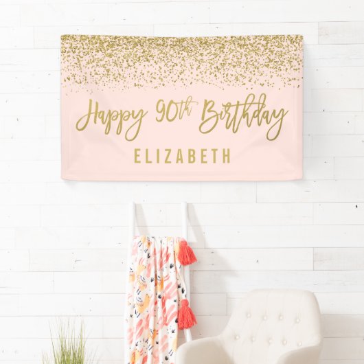 モダンな赤面のピンクのフェイクな金ゴールドのグリッターの第90誕生日 横断幕 (インサイチュ)