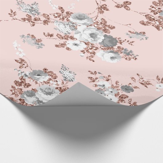 モダンな赤面のピンクの白いバラの金ゴールドのグリッターの花柄 ラッピングペーパー (角)