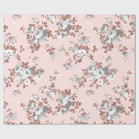 モダンな赤面のピンクの白いバラの金ゴールドのグリッターの花柄 ラッピングペーパー (フラット)