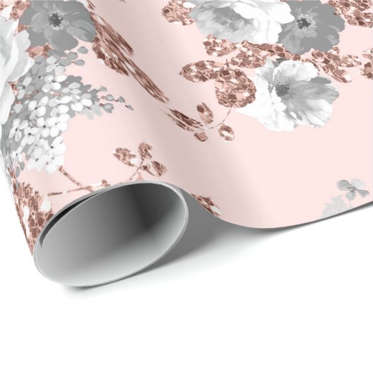 モダンな赤面のピンクの白いバラの金ゴールドのグリッターの花柄 ラッピングペーパー (ロールコーナー)