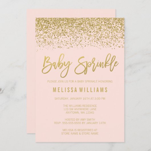 モダンな赤面のピンクの金ゴールドのフェイクなグリッターのベビーは振りかけます 招待状 (正面/裏面)