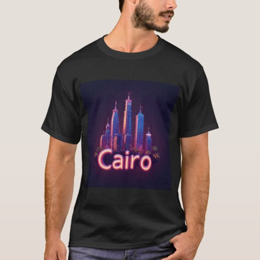 モダンな超高層ビルがあるカイロのネオンの夜景 Tシャツ (正面)