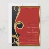 モダンな輝きと優雅な渦巻きが織りなす赤黒金色のウェディング 招待状 (正面)