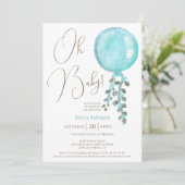 モダンな輝きの男の子 青い風船 オー！ベビーシャワー 招待状 (スタンド正面)
