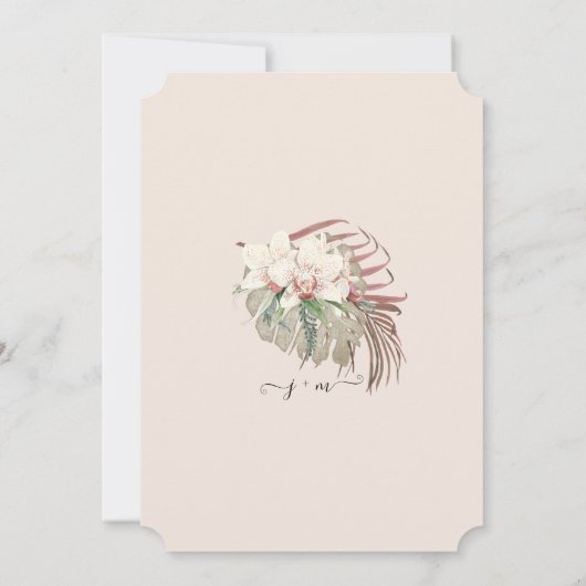 モダンな輝きの白い蘭の花のトロピカルBOHO 招待状 (裏面)