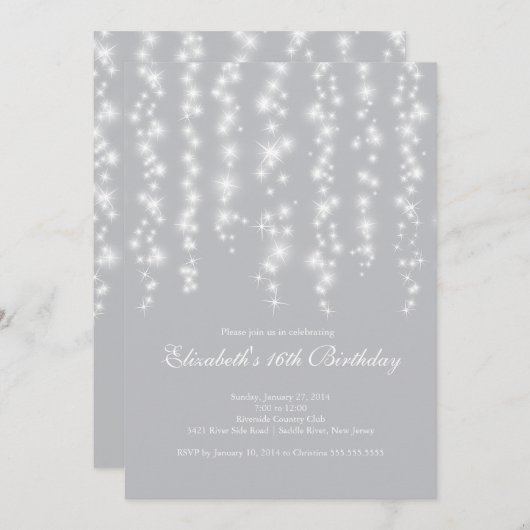 モダンな輝きの銀のSweet sixteenの誕生会 招待状 (正面/裏面)