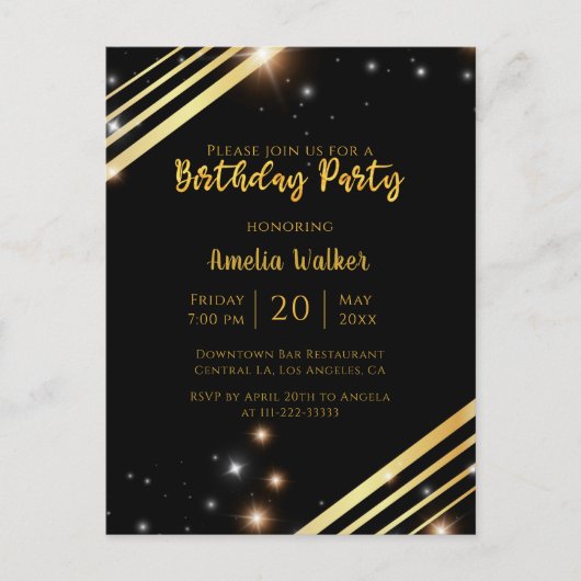 モダンな輝きゴールドとブラックの誕生日パーティー ポストカード (正面)