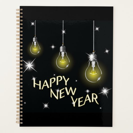 モダンな輝く電球の新年おめでとう プランナー手帳 (正面)