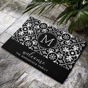 モダンな農家パターン家族の歓迎の黒 ドアマット