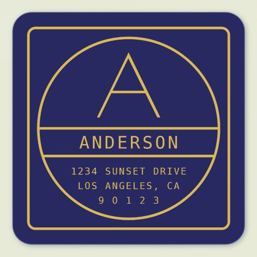 モダンな返信先住所&イニシャル | ゴールド&ネイビー スクエアシール