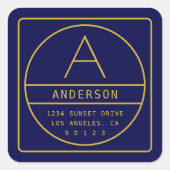 モダンな返信先住所&イニシャル | ゴールド&ネイビー スクエアシール (正面)