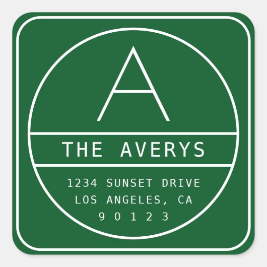 モダンな返信先住所&イニシャル | 緑 スクエアシール (正面)