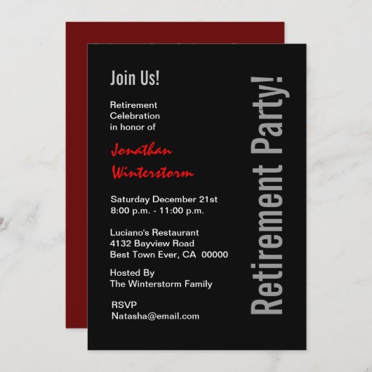 モダンな退職パーティーの白黒の赤のテンプレート 招待状 (正面/裏面)