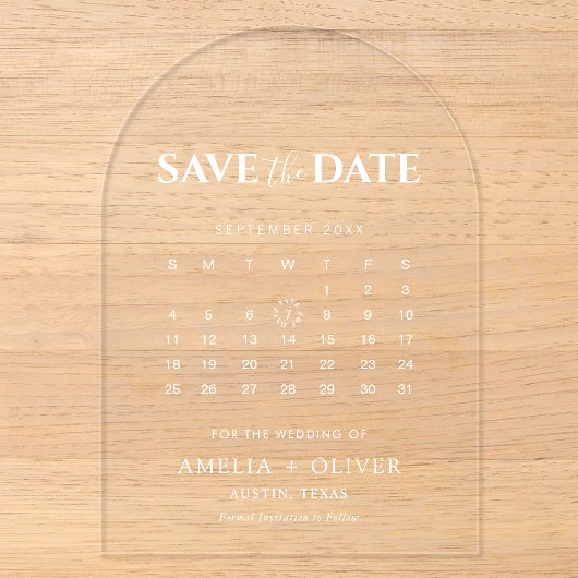 モダンな透明アーチ型アクリルカレンダー Save The Date アクリル招待状 (正面)
