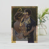 モダンな透明オーバーレイ写真の保存日付 招待状 (スタンド正面)