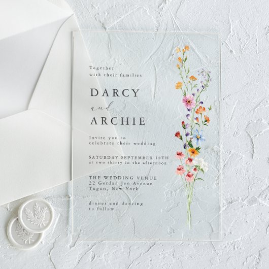 モダンな野の花の結婚式 アクリル招待状