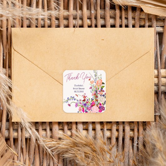 モダンな野生の花を添えた感謝の気持ちを表すブライダルシャワー スクエアシール