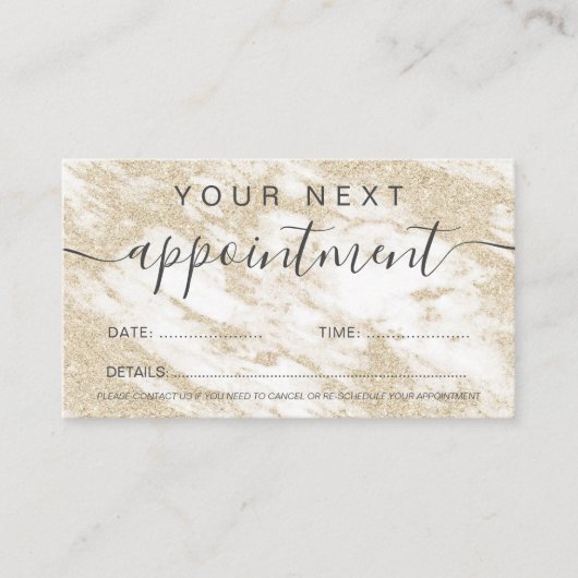 モダンな金ゴールドのグリッターの白人の大理石のプロフェッショナル 予約カード (正面)