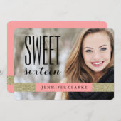 モダンな金ゴールドのグリッター%PIPE%の珊瑚のSWEET SIXTEENのパーティー 招待状 (正面/裏面)