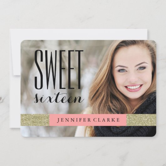 モダンな金ゴールドのグリッター%PIPE%の珊瑚のSWEET SIXTEENのパーティー 招待状 (正面)