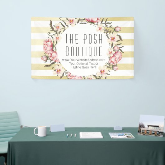 モダンな金ゴールドのストライプな及びピンクの花のバラのリース 横断幕 (トレードショー)