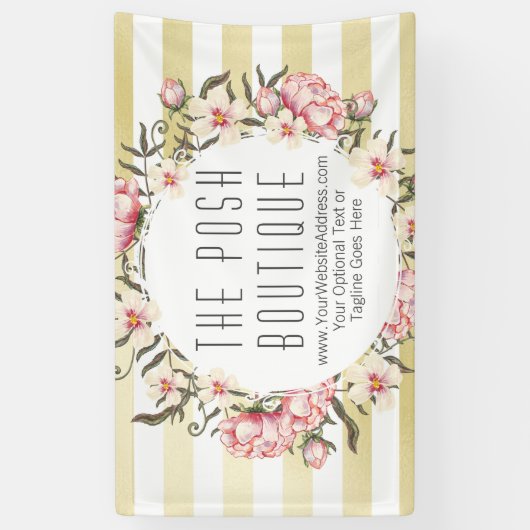 モダンな金ゴールドのストライプな及びピンクの花のバラのリース 横断幕 (縦)