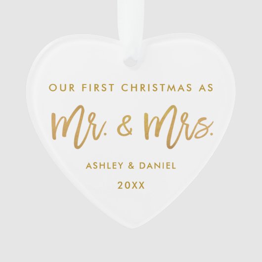 モダンな金ゴールドのブラシの原稿の初めてのクリスマスの氏夫人 オーナメント (正面)