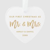 モダンな金ゴールドのブラシの原稿の初めてのクリスマスの氏夫人 オーナメント (裏面)