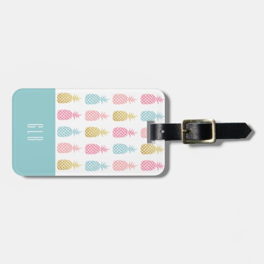 モダンな金ゴールドの熱帯パイナップルモノグラムのラベル ラゲッジタグ (正面横)