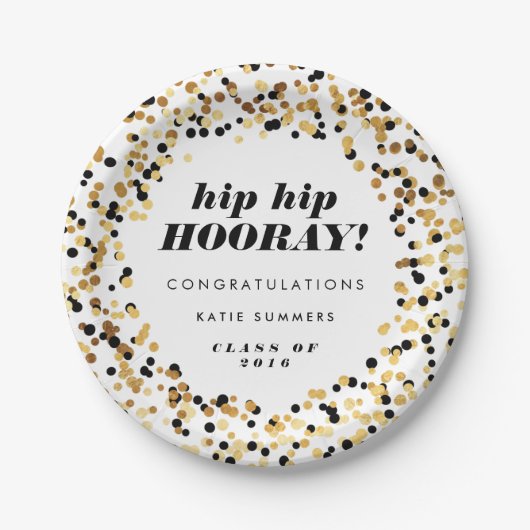 モダンな金ゴールドの紙吹雪の卒業パーティーのプレート ペーパープレート (正面)