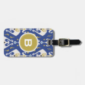 モダンな金ゴールドの青いイカット種族パターンモノグラム ラゲッジタグ (正面横)