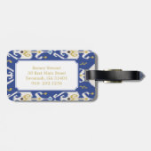 モダンな金ゴールドの青いイカット種族パターンモノグラム ラゲッジタグ (裏面横)