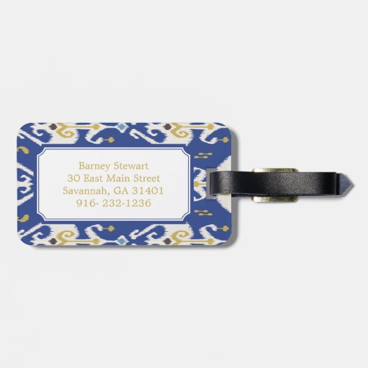 モダンな金ゴールドの青いイカット種族パターンモノグラム ラゲッジタグ (裏面横)