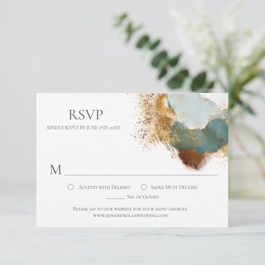 モダンな金ゴールドの青銅のティール（緑がかった色）の水彩画の洗浄RSVP 出欠カード (スタンド正面)