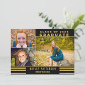 モダンな金ゴールドの黒のストライプ3の写真の卒業 招待状 (スタンド正面)