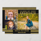 モダンな金ゴールドの黒のストライプ3の写真の卒業 招待状 (正面/裏面)