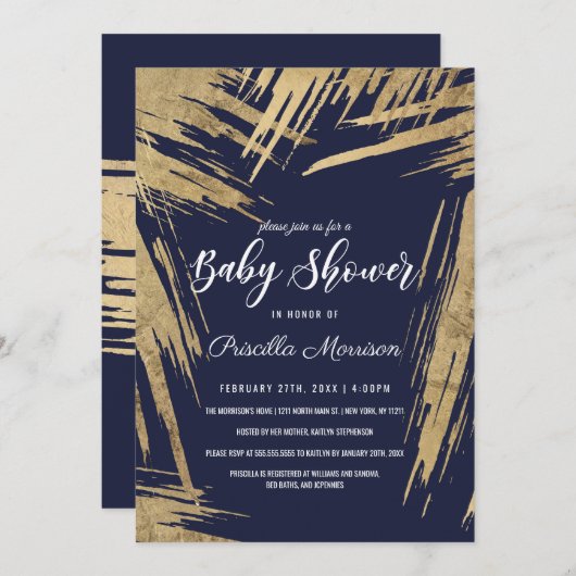 モダンな金ゴールドブラシストローク濃紺のベビーシャワー 招待状 (正面/裏面)