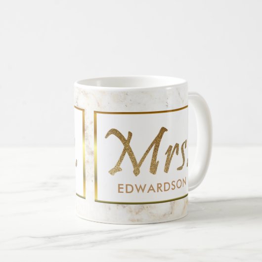 モダンな金ゴールド及び大理石夫人名前入りな結婚式 コーヒーマグカップ (正面右)