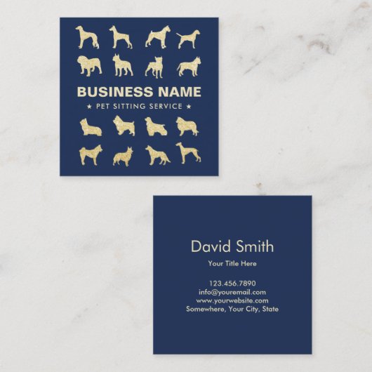 モダンな金ゴールド犬のシルエットの濃紺を坐らせているペット スクエア名刺 (正面/裏面)