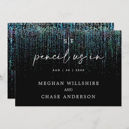 モダンな鉛筆を入れて エッジィなターコイズグリッター 招待状 (正面/裏面)