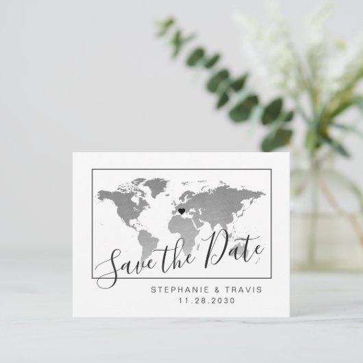 モダンな銀製の地図の保存の日付の郵便はがき 案内ポストカード (スタンド正面)